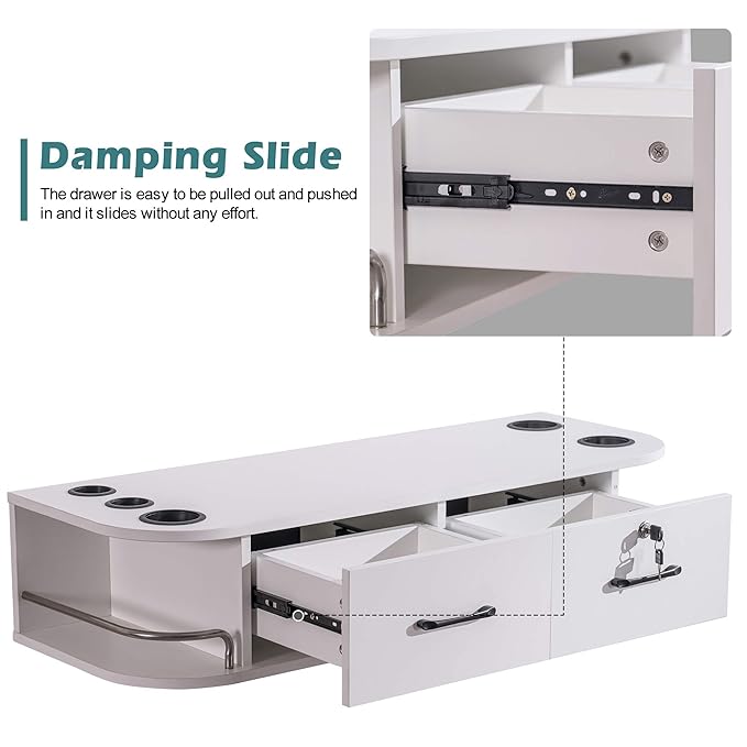 BarberPub Beauty Locking Wall Mount Styling Station, Barber Salon Station with Hair Dryer Holders, Spa Storage Floating Equipment with 2 Drawers 5012 (White)