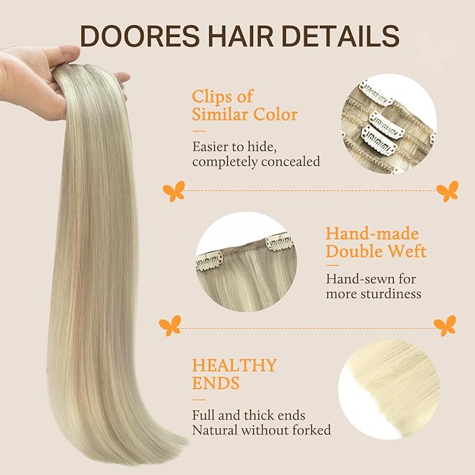 DOORES Clip in Human Hair Extensions - Ash Blonde Highlighted Platinum Blonde, 150g 9pcs 14 Inch Remy Straight Natural Thick Real Hair