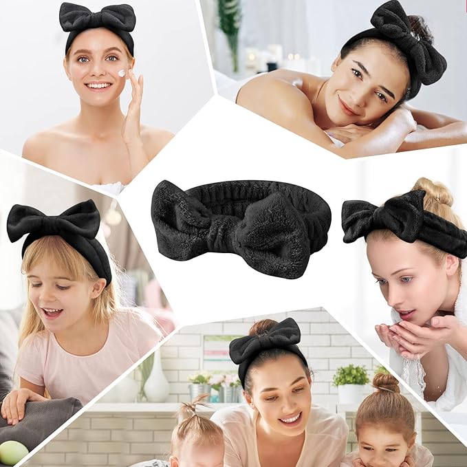 Casoty 6 Pcs Black Spa Headband, Bow Hair Band, Hair Band for Washing Face, Fuzzy Headbands for Women Girls, Soft Coral Fleece Skincare Headbands for Face Washing Shower Yoga