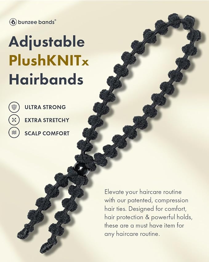 Bunzee Bands Large Adjustable Hair Ties for Thick, Thin, Curly, & Natural Types | Soft No Damage Ponytail Holders for Braids, Locs, Puffs, Buns | Elastic Hairband Accessories for Women | Black