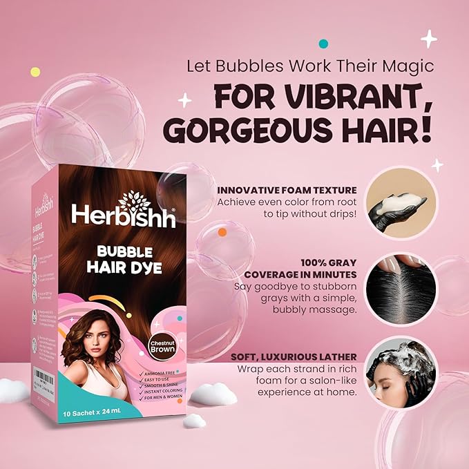 Herbishh Bubble Foam Hair Dye Shampoo, 3 in 1 Dye for 100% Grey Coverage, Permanent Hair Coloring for Men & Women, Long-lasting & Travel-friendly, Ammonia-free, 10 Sachet x 24 ml (Chestnut Brown)