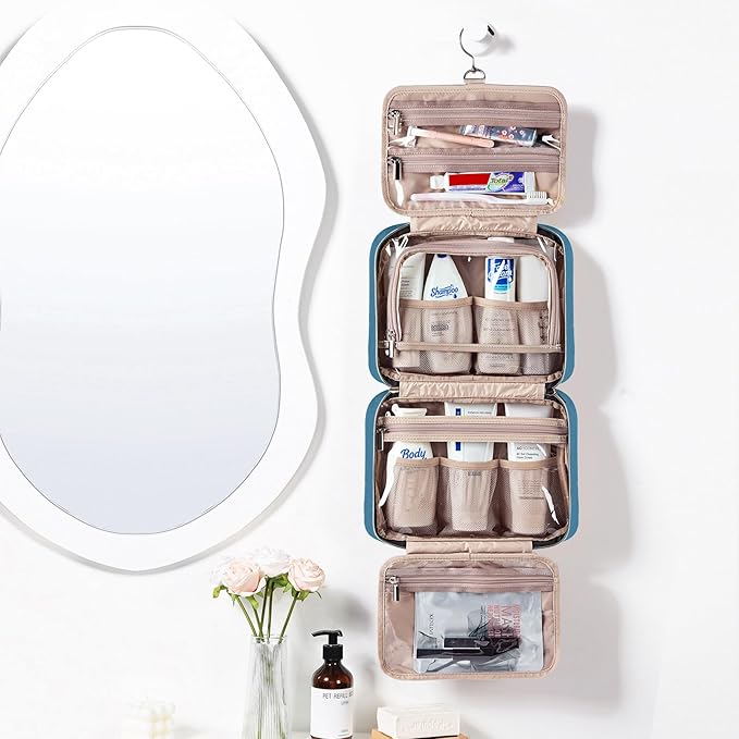 NISHEL Travel Toiletry Bag for women, Portable Hanging Organizer for Full-Sized Shampoo, Conditioner, Brushes Set, Makeup Accessories, Large Size, Lake-Blue