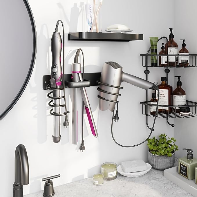 hicorfe Hair Dryer Holder 3 in 1 Hair Tool Organizer,Blow Dryer Holder Wall Mounted,Bathroom Bedroom Hair Care Styling for Flat Iron,Curling Iron,Hair Straightener （Black）