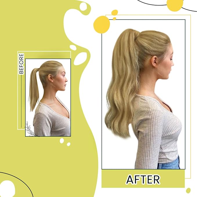 RUNATURE Ponytail Extension Human Hair Blonde, Real Hair Ponytail Extension For Women, Human Hair Ponytail Wrap Around, Remy Natural Hair, Easy to Install, 16 Inch 80g #16P24 Golden Blonde Highlights