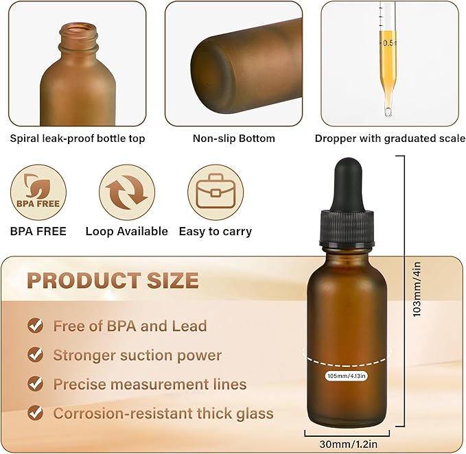 4 Pcs, 1oz Dropper Bottle, Amber Glass Eye Dropper Bottle, Tincture Bottles with Dropper, Pretty Finish, Leak-Proof Design, Stronger Suction for All Kinds of Mixed Liquids
