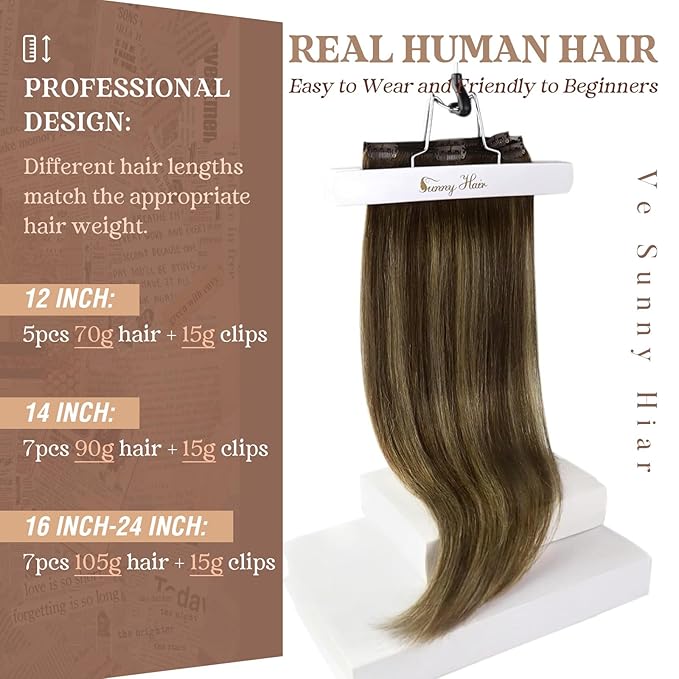 Ve Sunny Balayage Clip in Hair Extensions Human Hair Extensions Clip ins Dark Brown Ombre Caramel Blonde Clip in Extensions Real Human Hair for Long Straight Hair 22inch 120g 7pcs
