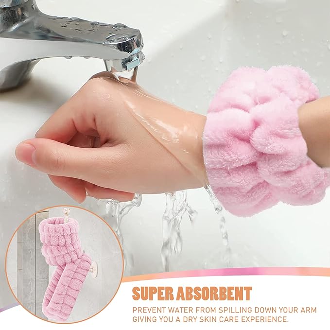Face Washing Headband and Wristband Set of 2, Microfiber, Pink and Grey, Absorbent Spa Wristbands for Adult Women, 6 Count