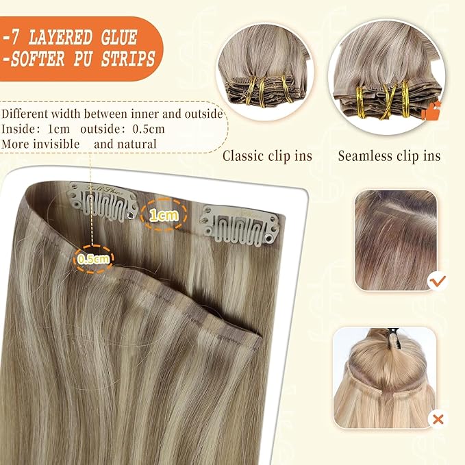 Full Shine Clip in Hair Extensions 16 inch 140g 8Pcs Dark Ash Blonde Mix with Light Blonde Seamless Hair Extensions Clip in Remy Hair Clip ins