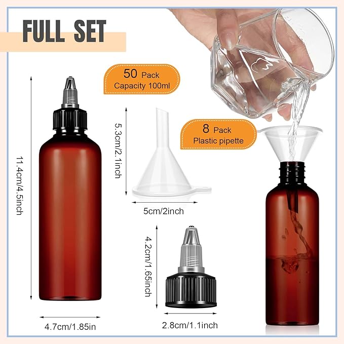 Barydat 50 Pcs 3 oz Squeeze Bottle Twist Top Applicator Bottles Empty Hair Oil Bottle with Funnels Refillable Amber Plastic Bottles for Liquid Hair Oil Shampoo Lotion