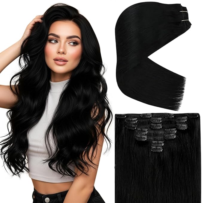 Ve Sunny Clip in Hair Extensions Real Human Hair, Black Clip in Hair Extensions Remy Hair Extensions Clip ins for Women 22inch 120g 7Pcs