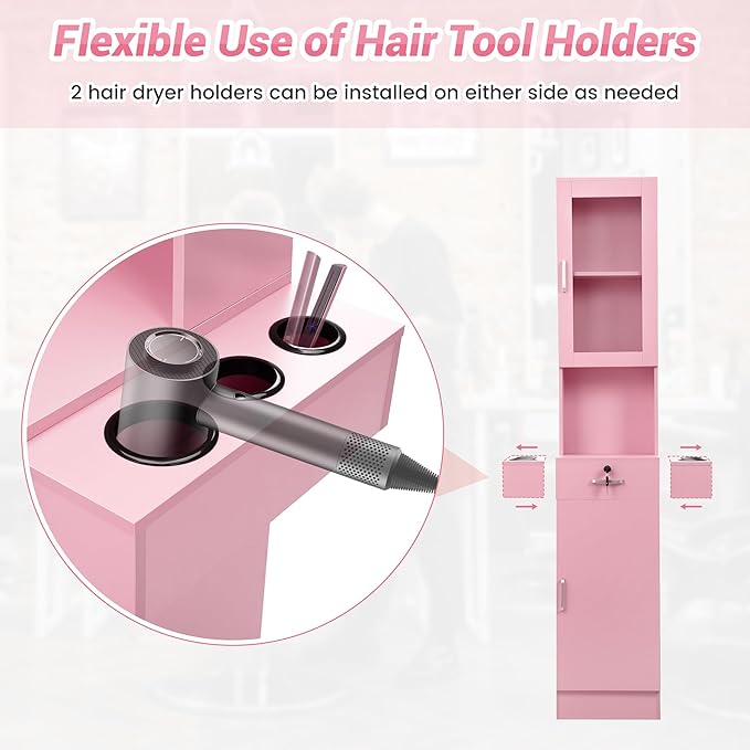 Salon Station for Hair Stylist,Hair Styling Storage Cabinet with Glass Door,Tool Dryer Holders, Salon Beauty Spa Barber Hair Staion, Pink