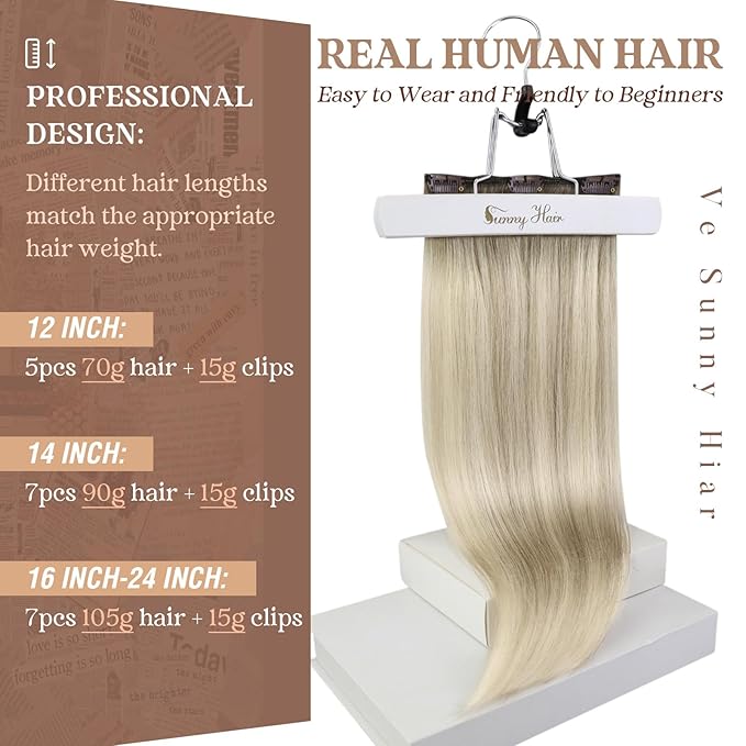 Ve Sunny Real Hair Extensions Clip in Human Hair Ash Grey Balayage Platinum Blonde Hair Extensions Clip ins Ombre Remy Straight Human Hair for Women 7pcs 120g 14 inch
