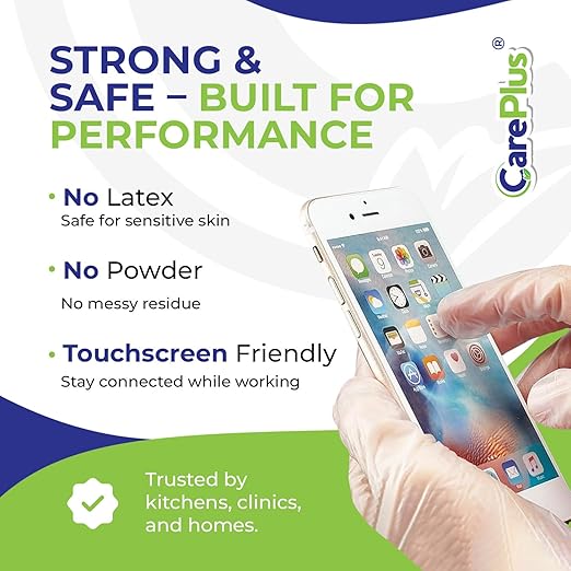 CARE PLUS Vinyl Gloves Clear Extra Large Size 200 Count | Heavy Duty, Non-Sterile, Powder-Free, Latex-Free Rubber | Food Prep, Kitchen & Cleaning Gloves, Ideal for Professional Use