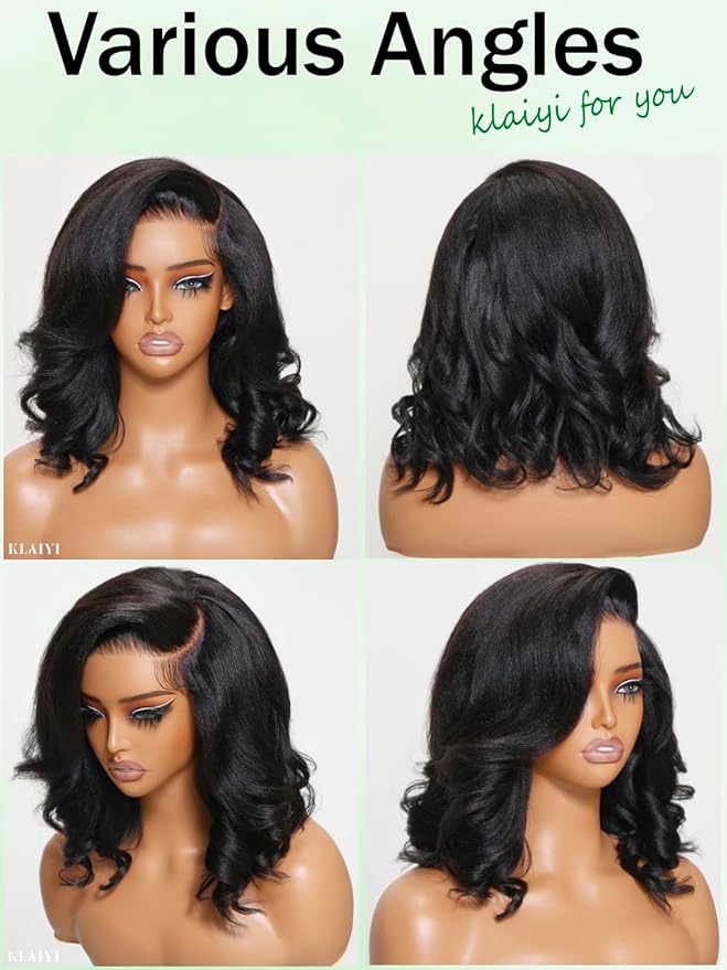 KLAIYI Light Yaki Straight Bob Loose Wave Pre Everything 13x4 Lace Front Wigs Human Hair Precut Lace Pre Plucked Bleached Glueless Wear and Go Wigs for Women Bye Bye Knots Wig Beginner Friendly 14Inch
