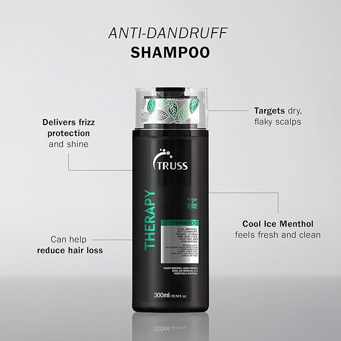 TRUSS Therapy Anti Dandruff Shampoo for Women & Men - Hair Shampoo & Itchy Scalp Treatment Infused with Menthol - Gentle Hair Care for Excess Oiliness & Flaking - pH Balanced & Paraben-Free (10.14 oz)