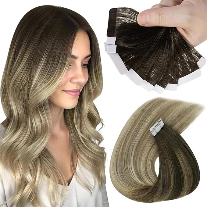 Sunny Tape in Hair Extensions Human Hair Dark Brown Balayage Blonde Hair Extensions Real Human Hair Tape ins 18 Inch Tape in Extensions 20Pcs 50g