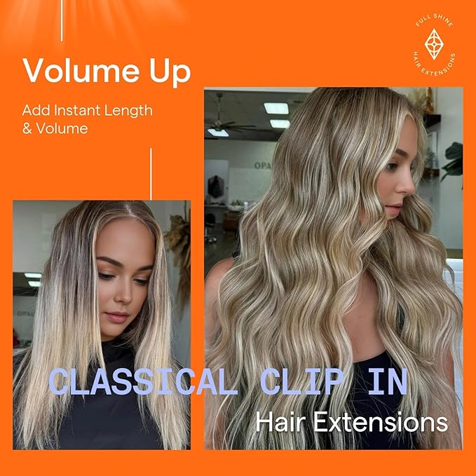 Full Shine 18 Inch Real Hair Extensions Clip in Human Hair Ombre Ash Brown to Blonde Straight Hair Extension Clip ins 7 Pcs 120 G