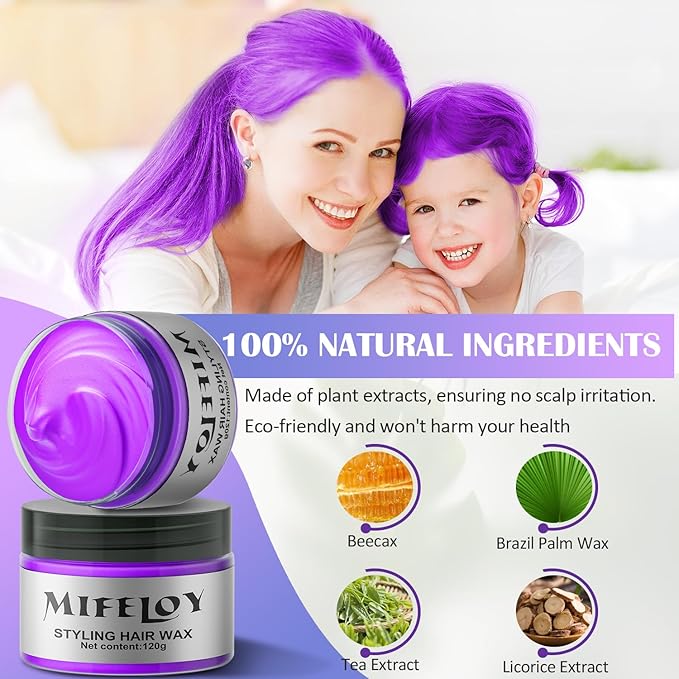Purple Temporary Hair Color Wax, Instant Natural Hairstyle Cream Dye, Washable Styling Pomadesfor Men Girls Women Youth, Disposable Violet Coloring Mud for Party Cosplay DIY Halloween，