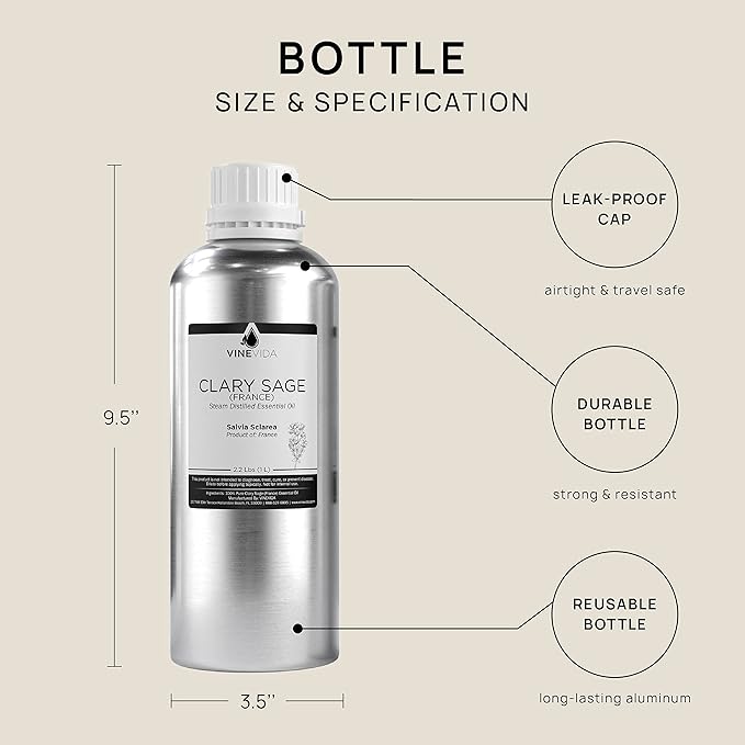 VINEVIDA Clary Sage Essential Oil - 32 oz (946.36 ml) - Undiluted - DIY Candle Scents & Soap Making - Bulk