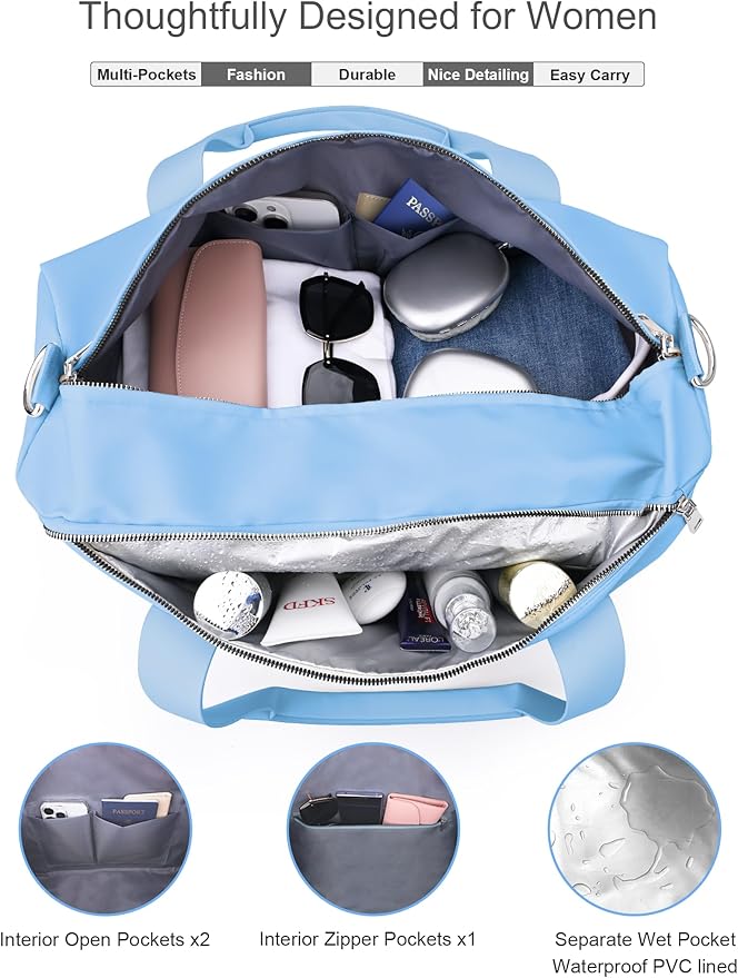 Gym Bag for Women Girls with Shoe Compartment & Wet Pocket - Duffle Bag for Travel Sports Fitness Workout Athletic, 19"-Medium, Blue
