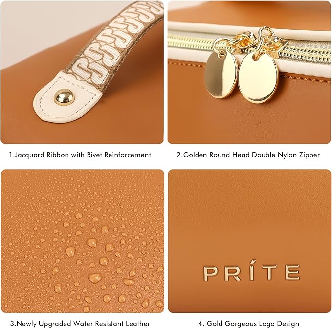 Prite Makeup Bag for Women Travel Waterproof Vegan Leather Cosmetic Bag Open Flat Toiletry Bag With Clear Divider and Handle (Large Brown)