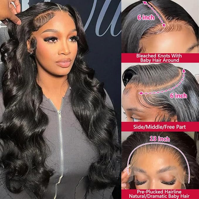 VIPbeauty 28 Inch 13x6 HD Lace Front Wigs Human Hair Pre Plucked Bleached Knots with Baby Hair 180 Density Body Wave Full Lace Frontal Wigs Human Hair Wigs for Black Women Natural Color