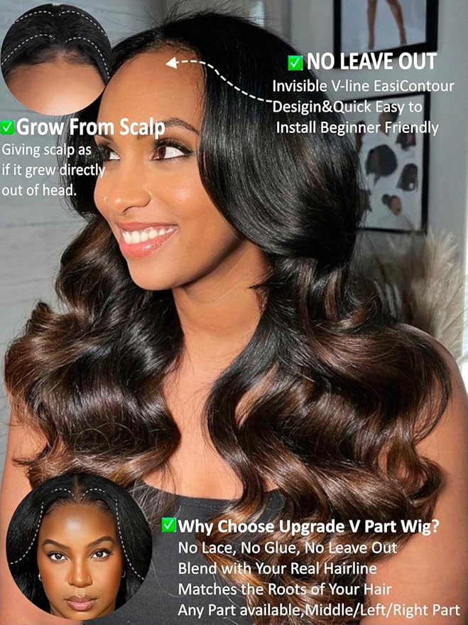 KLAIYI Ombre Brown V Part Wig Body Wave Human Hair Upgrade U Part Wig with Dark Roots Glueless Chestnut Brown Clip in Half Wig No Glue No Leave Out Beginner Wigs for Women Wear and Go Wig 150% 16Inch