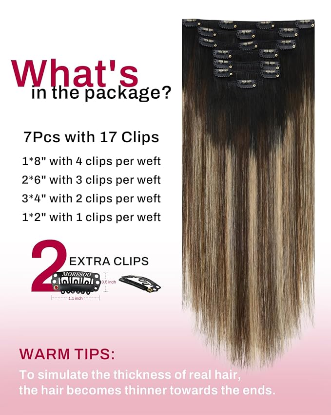 Moresoo Clip in Hair Extensions Balayage Double Weft Human Hair Clip in Extensions Ombre Black to Brown Mixed with Caramel Blonde 7pcs 120Grams 20inch