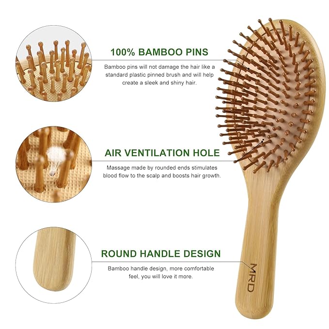 MRD Hair Brush Set, Natural Bamboo Comb Paddle Detangling Hairbrush, Wide-tooth and tail comb No Bristle, suit for Women Men and Kids Thick/Thin/Curly/Dry Hair Gift kit