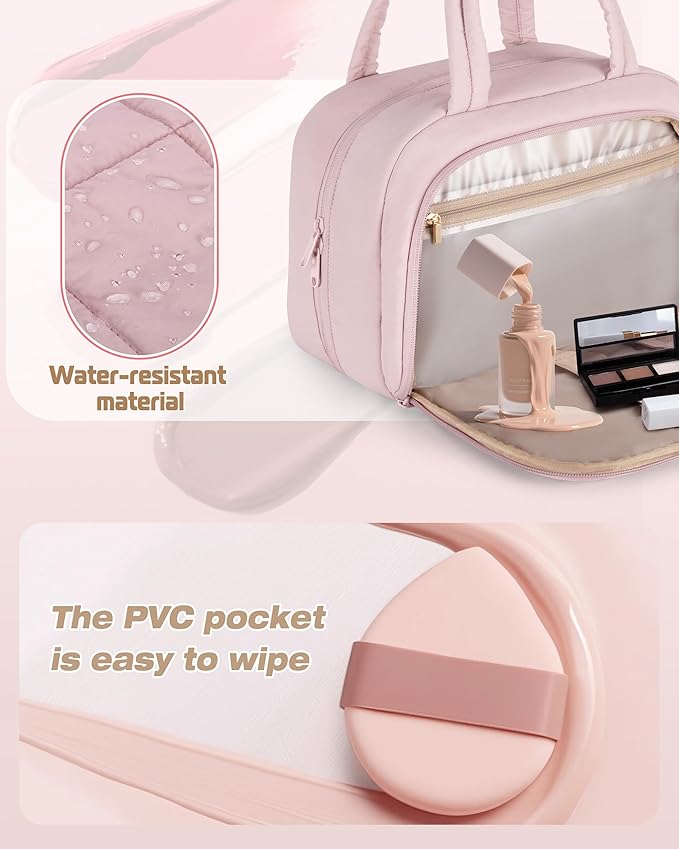 Travel Toiletry Bag for Women with Hanging Hook, Water Resistant Puffy Makeup Organizer with Leak Proof Pockets for Toiletries and Cosmetics - Pink (Bag Only)