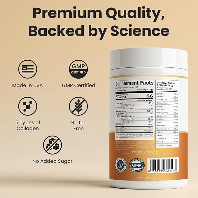 VITASEI Hydrolyzed Collagen Peptides Powder with Resveratrol & Vitamin C – Hair, Skin & Joint Support with Hyaluronic Acid – Colágeno Hidrolizado for Women & Men – Unflavored, 16 oz (30 Servings)