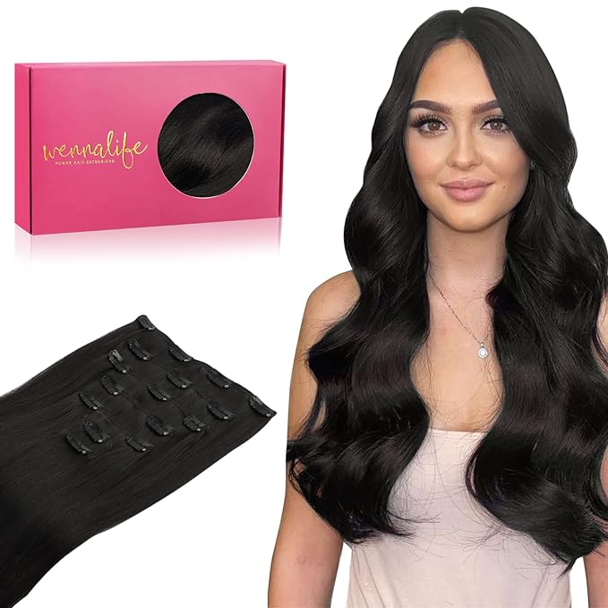 WENNALIFE Clip in Hair Extensions Real Human Hair, 14 Inch 110g 7pcs Remy Hair, Natural Black Straight Natural Extensiones De Cabello Humano Con Clip Ins