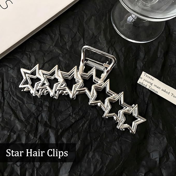 Metal Hair Claw Clips, 1Pcs Stylish Star Pattern Claw Clip for Thin & Thick Hair - Easy Back Styling Accessory (Silver Star)