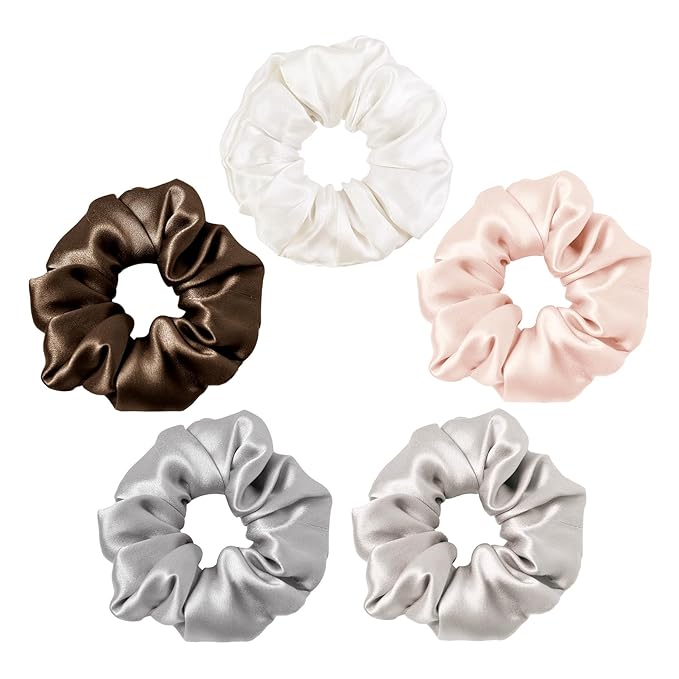 LILYSILK Silk Scrunchies for Frizz & Breakage Prevention - Mulberry Silk Ponytail Holders, Elastic Hair Ties, 5Pcs, Random Color