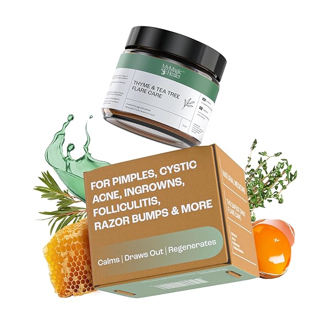 MyMagicHealer Thyme & Tea Tree Flare Care | Ingrown Hair, Razor Bumps, Cystic Acne, Blind Pimples, Bartholin, Pilonidal Cysts | Folliculitis Cure | Piercing Care w/Egg Yolk Extract & Tea Tree 2 oz