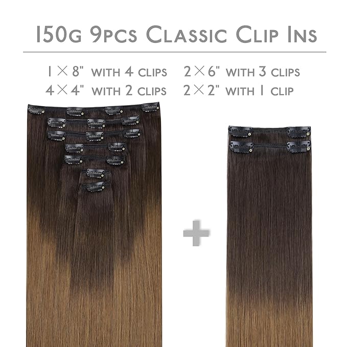 WENNALIFE Clip in Hair Extensions Real Human Hair, 14 Inch 150g 9pcs Remy Hair, Ombre Dark Brown to Light Chestnut Brown Straight Natural Extensiones De Cabello Humano Con Clip Ins