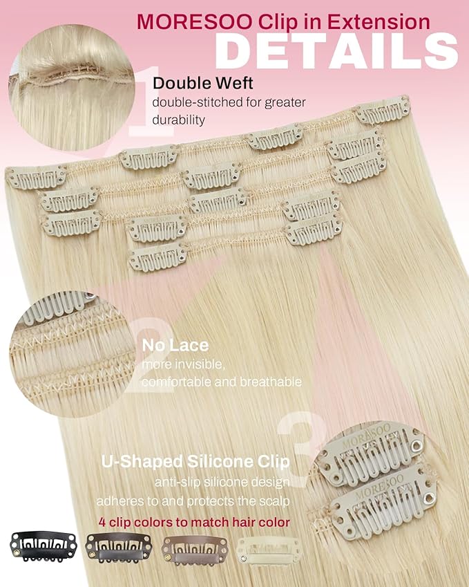 Moresoo Short Blonde Clip in Hair Extensions Remy Human Hair Short Golden Platinum Blonde Hair Extensions Clip ins Straight for Women Double Weft 80g/5pcs 12 inch