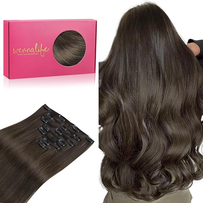 WENNALIFE Clip in Hair Extensions Real Human Hair, 16 Inch 120g 7pcs Human Hair Extensions Clip In Human Hair, Cool Dark Brown Clip In Real Hair Coloured Remy Human