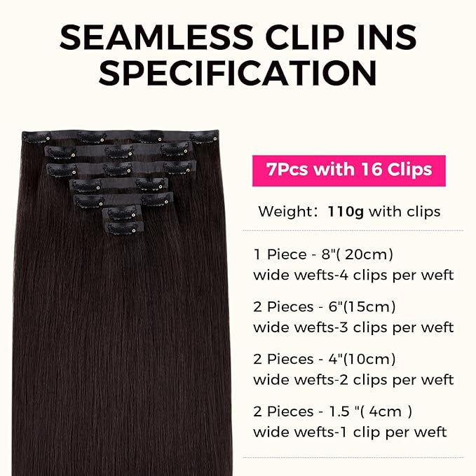 Lashey Seamless Clip in Hair Extensions Human Hair 110g 7pcs #2 Dark Brown Light Yaki Straight 22 Inch Remy Human Hair Clip in Extensions for Women