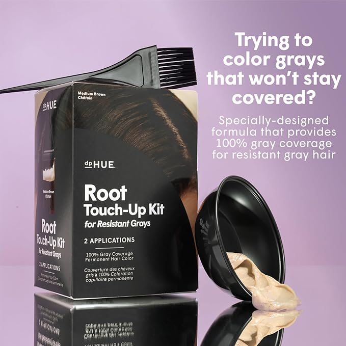 dpHUE Root Touch-Up Kit for Resistant Grays, Dark Brown - Permanently Cover Difficult, Stubborn Gray Hair - 2 Applications Included - Vegan & Leaping Bunny Certified