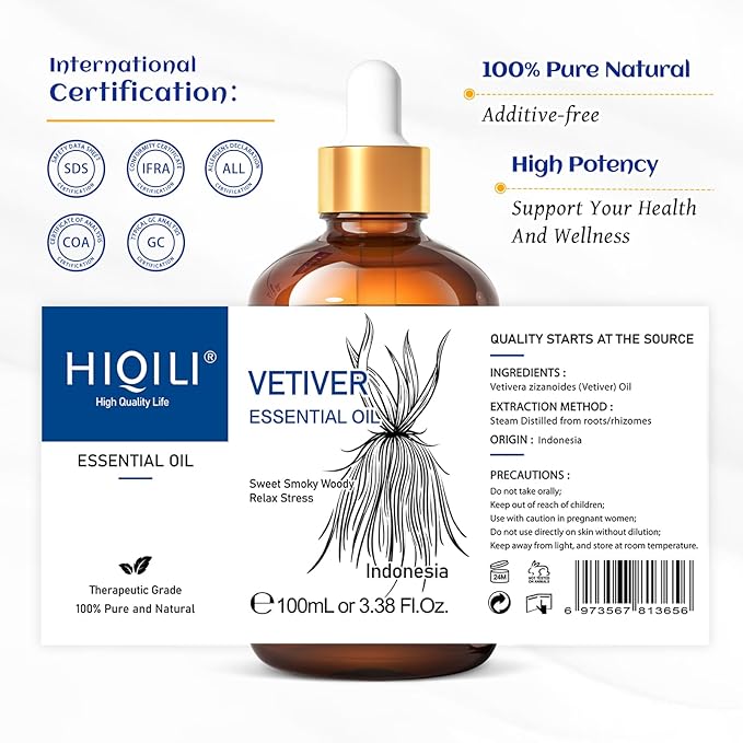 HIQILI 100ML Vetiver Essential Oil, 100% Pure Natural for Diffuser Calm and Relation- 3.38 Fl Oz