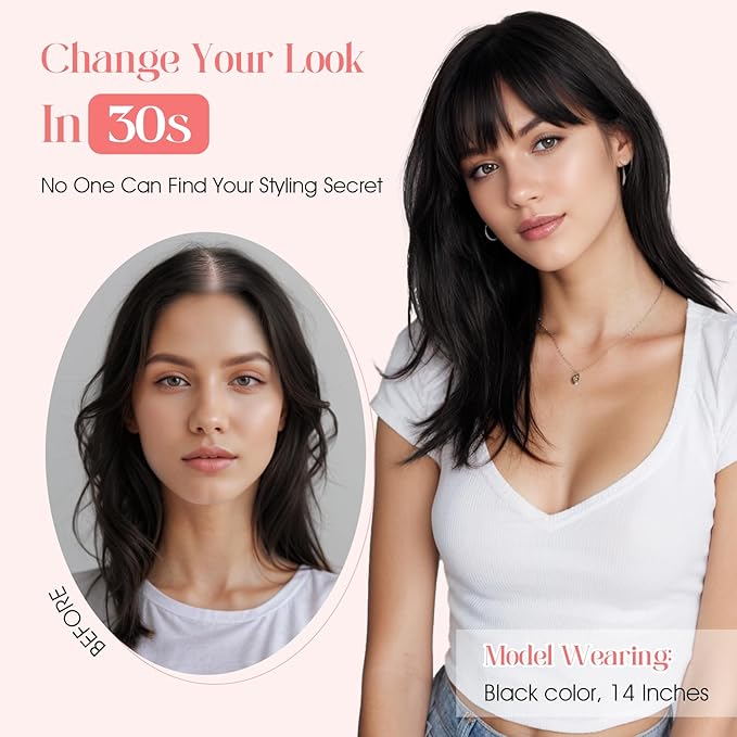 Hairro Mono Hair Toppers with Bangs, 3.4" x 3.4" Mono Base 100% Real Human Hairpieces for Women, 150% Density Clips In Topper for Greyish Thinning Hair, 10 Inch Medium Brown