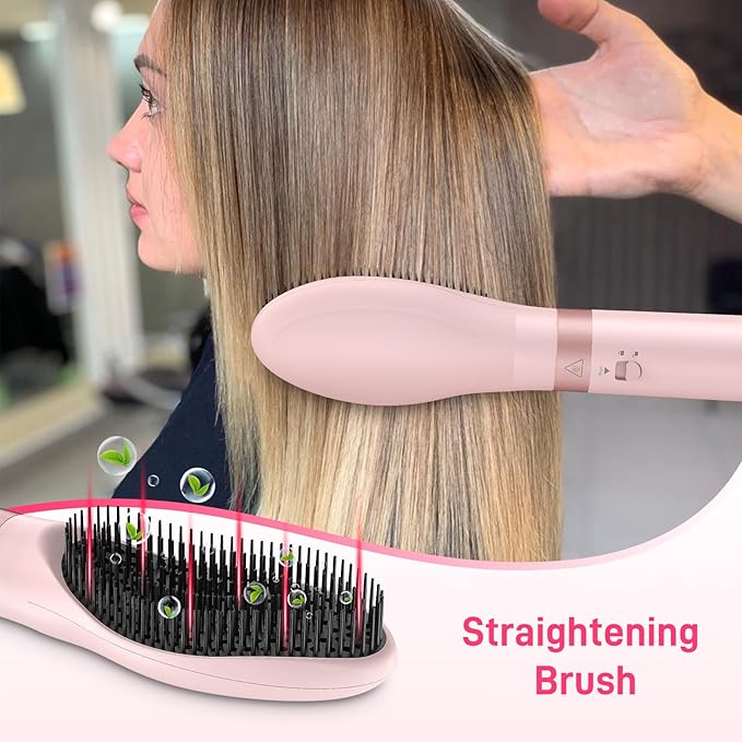 Dual Voltage Hot Air Styler Wrap - 5 in 1 Hair Dryer Brush with Fast Drying Blow Dryer, Styling, Straightening & Volumizing with Travel Bag (100V–240V) Gift for Women (Pink)