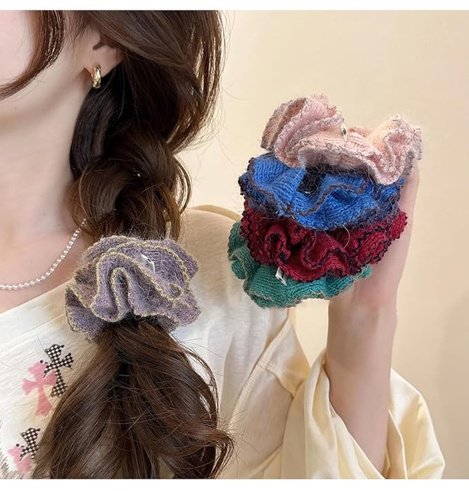 2 Pcs Soft Fabric Scrunchies for Hair,3.9 inch Medium Elastic Hair Ties Ropes Crochet Knit Silky Scrunchie for Women-Khaki