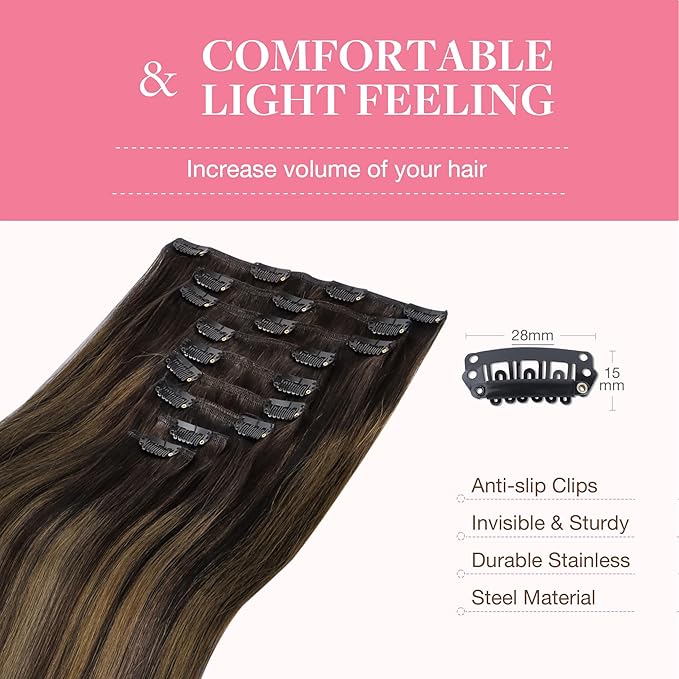 GOO GOO Clip in Hair Extensions Real Human Hair, Remy Human Hair Extensions Clip ins for Women, Natural Human Hair, 24inch 150g 9Pcs, #2/6/2 Balayage Dark Brown to Chestnut Brown
