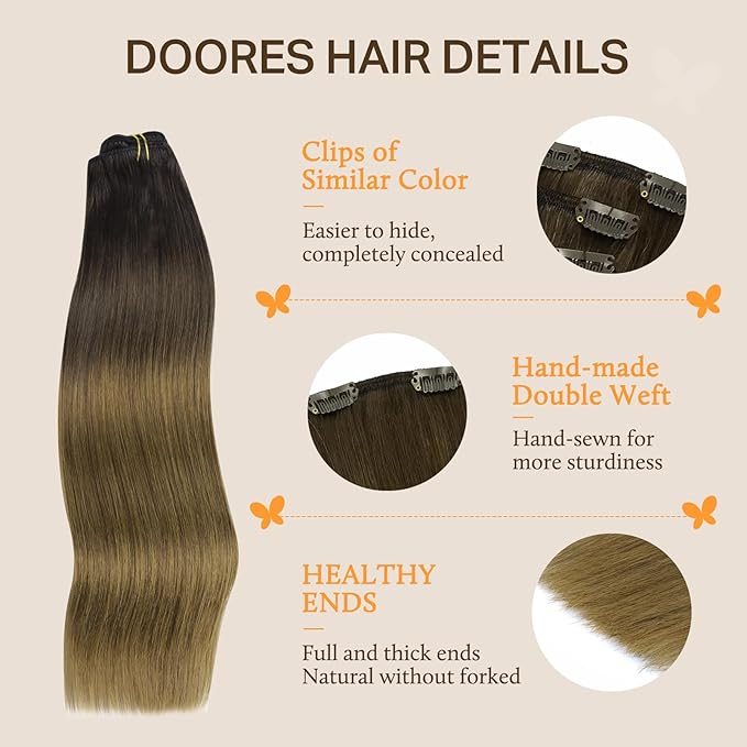 DOORES Human Hair Extensions Clip Ins, Chocolate Dip Color Melt 18 Inch 7pcs 120g, Clip in Hair Extensions Remy Natural Hair Extensions Thick Silky Straight Hair