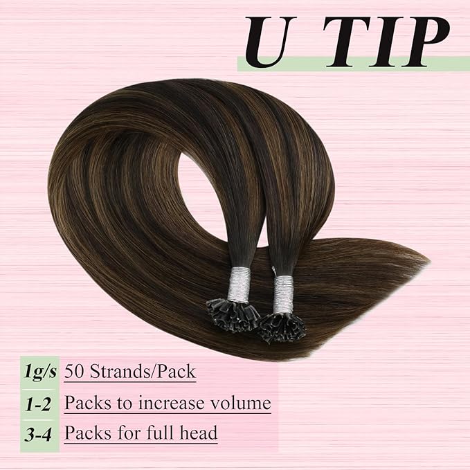 YoungSee Utip Hair Extensions Human Hair Brown Balayage U Tip Human Hair Extensions Ombre Dark Brown to Browns Hot Fusion Hair Extension 22In Ktip Extensions 1G/S 50G for Long Hair