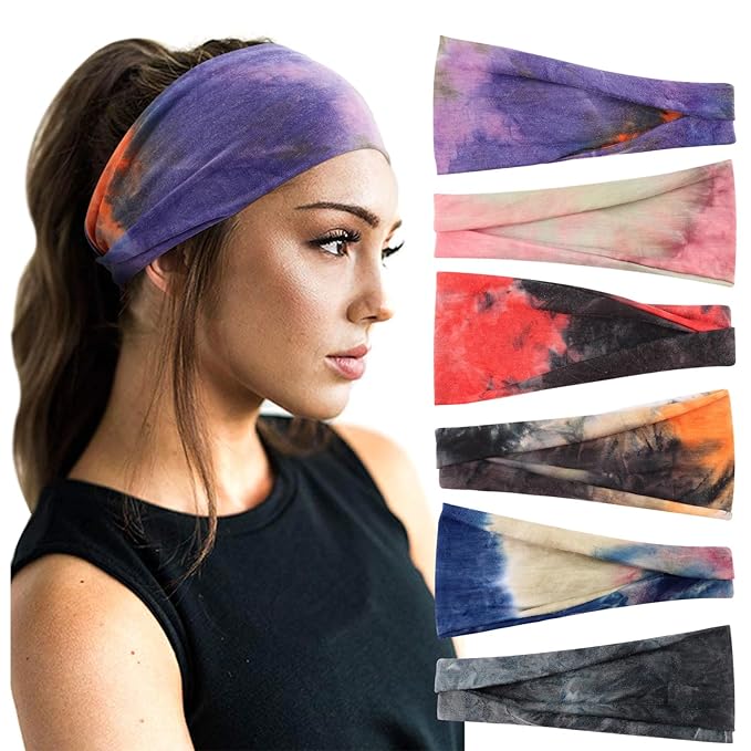 DRESHOW 6 Pack Yoga Sports Headbands for Women Elastic Non-Slip Printed Headbands Running Workout Hair Bands