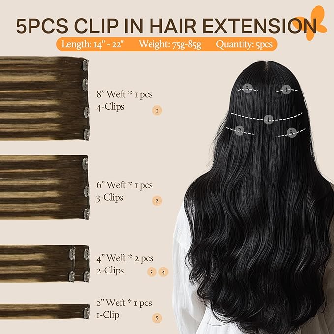 DOORES Clip in Hair Extensions, 5pcs 75g Balayage Chocolate Brown to Caramel Blonde 14 Inch Real Human Hair Extensions Clip in Natural Straight Hair Extensions
