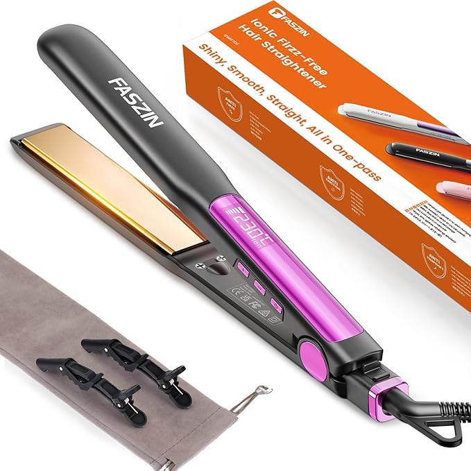 Faszin Professional Hair Straightener, 1.18 inch Ionic Titanium Plate, 20S Fast Heat Up Flat Iron with Clear LED Display, 2 in 1 Straightener and Curler Styling Tool for Straighten Hair (Gray)